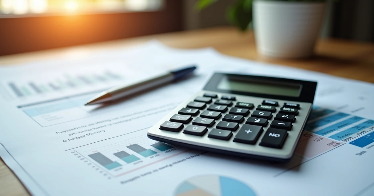 Calculadora sobre mesa com documentos financeiros organizados e caneta 