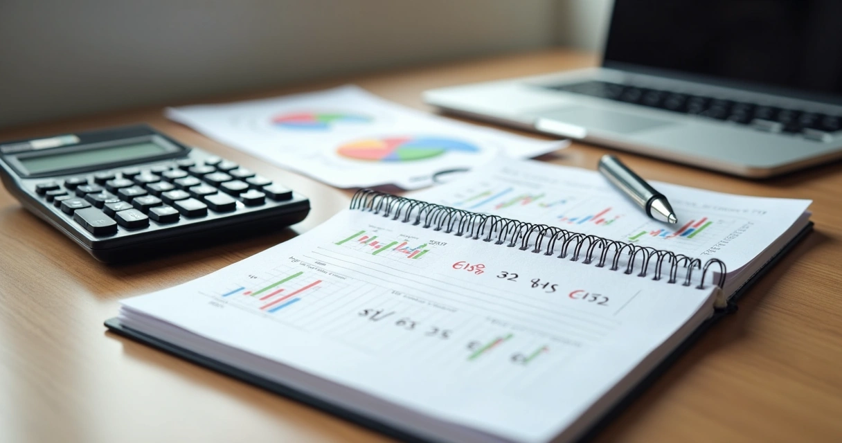Mesa com calculadora, gráficos financeiros e cadernos com anotações sobre comissões de vendas 