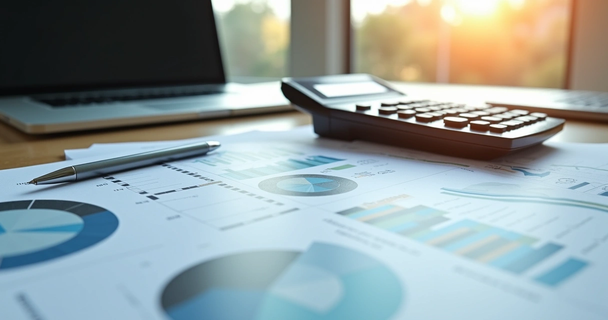 Calculadora ao lado de gráficos e planilhas de negócios em mesa de escritório com luz natural 