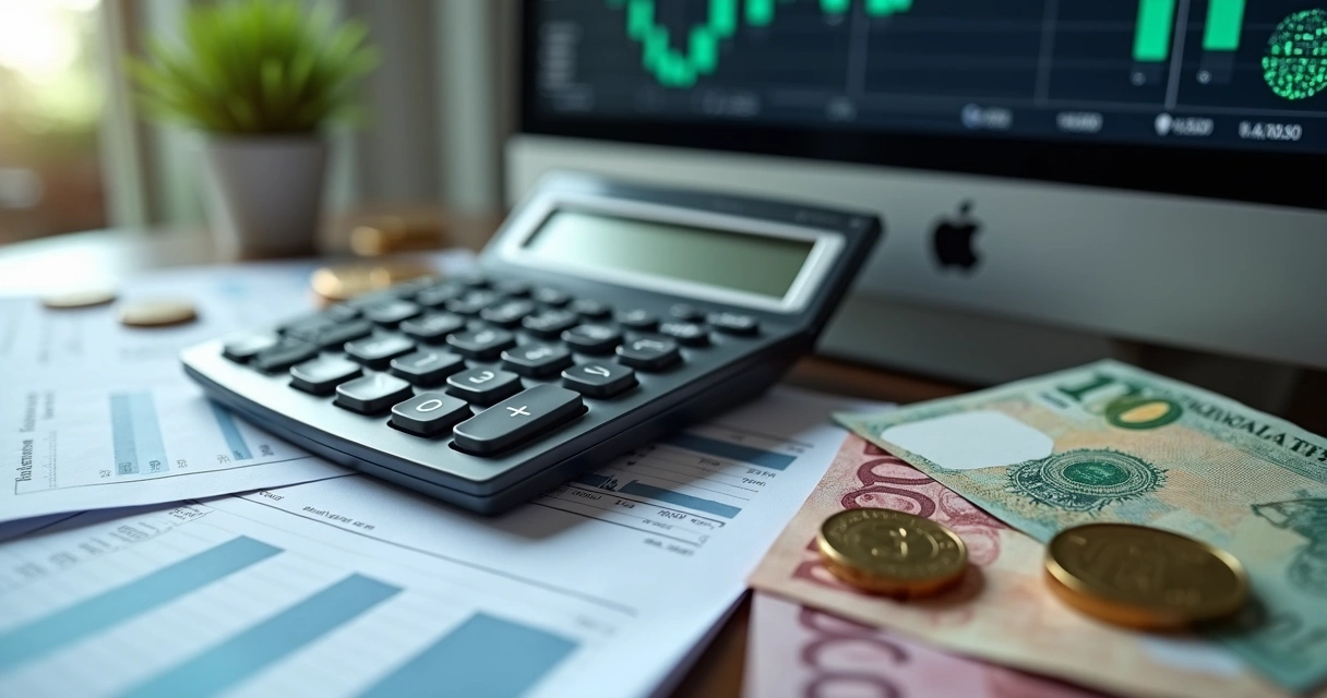 Calculadora com moedas digitais, documentos de impostos e notas de real sobre uma mesa de escritório 