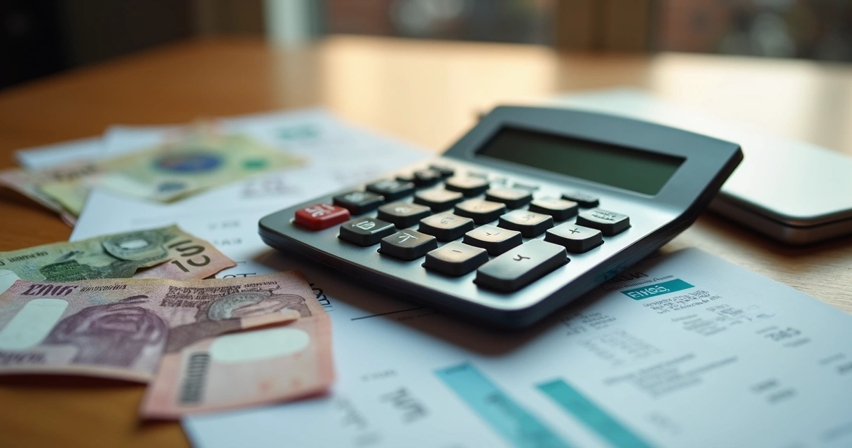 Calculadora sobre mesa com notas e documentos financeiros organizados 