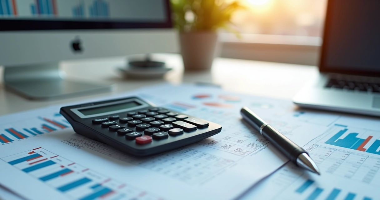 Calculadora sobre planilha financeira com gráficos e números em tela de computador 