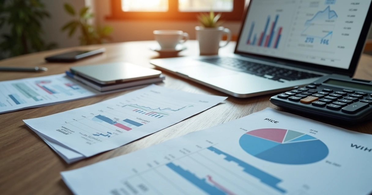 Mesa com uma calculadora, planilhas impressas de precificação e um notebook aberto com gráficos financeiros na tela