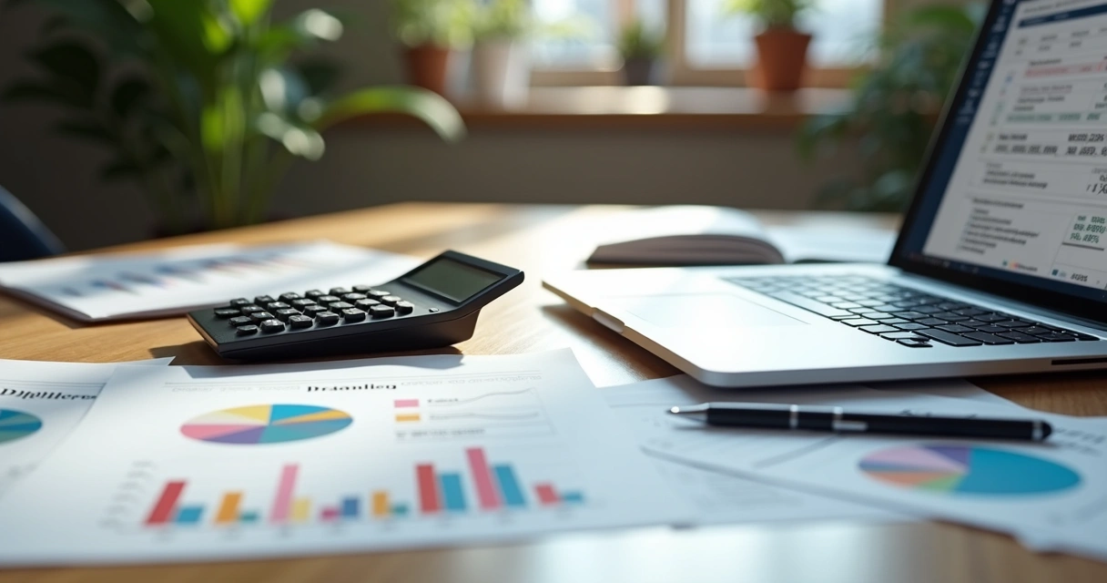 Mesa com calculadora, relatórios financeiros e gráficos de lucro e precificação 