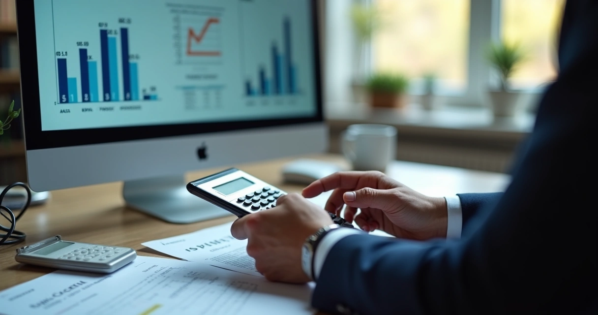 Pessoa usando calculadora diante de uma tela com gráficos de e-commerce e impostos.