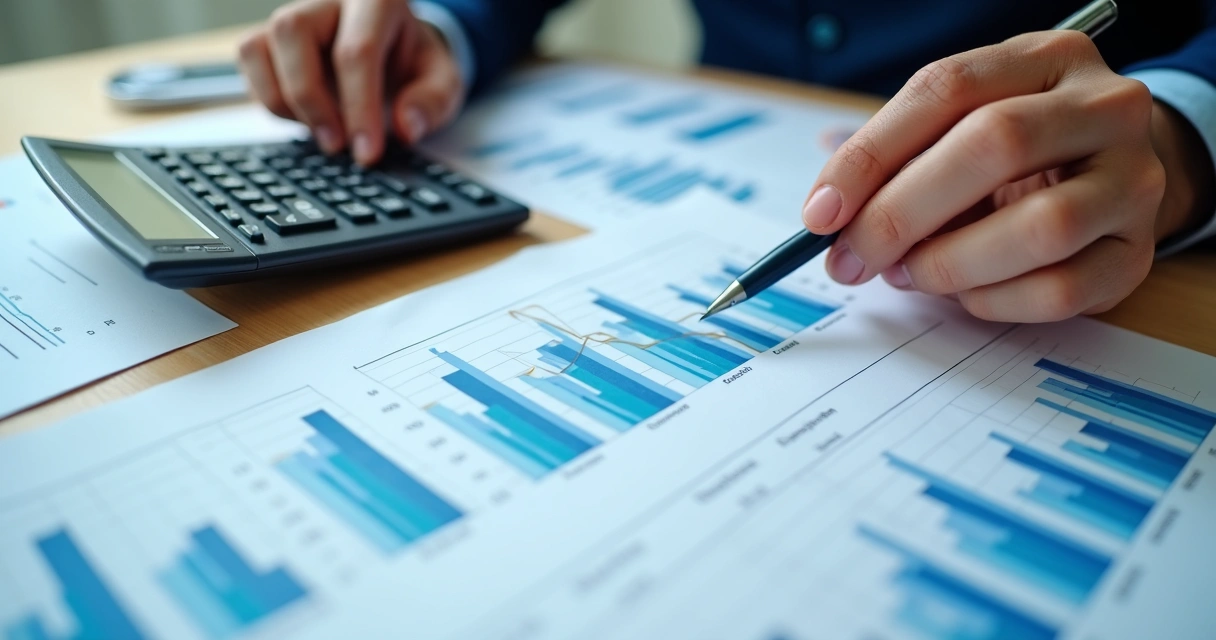 Calculadora e gráficos financeiros em mesa de escritório 