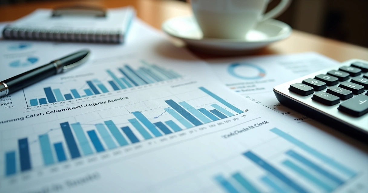 Calculadora e planilhas sobre uma mesa de trabalho 