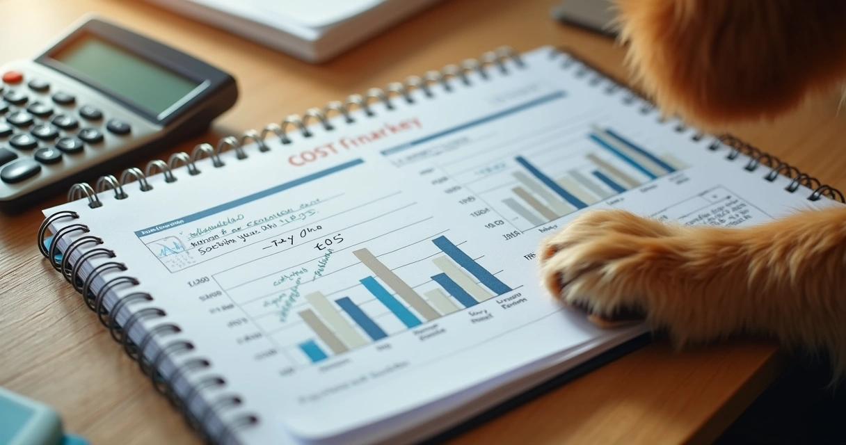 Calculadora ao lado de caderno com planilha financeira e pata de cachorro