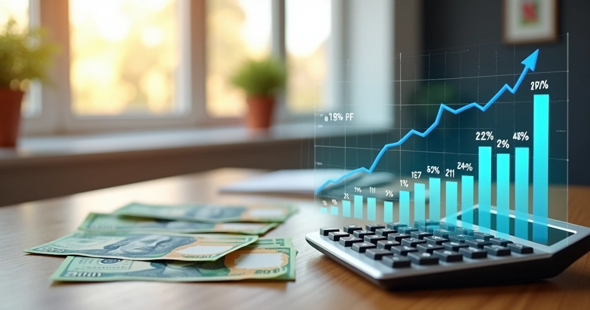 Calculadora e cédulas de reais ao lado de um gráfico financeiro com barras ascendentes e números representando taxas de juros