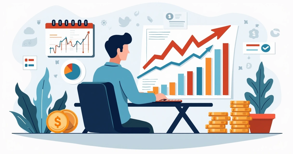 Homem usando calculadora financeira com gráficos ao fundo 