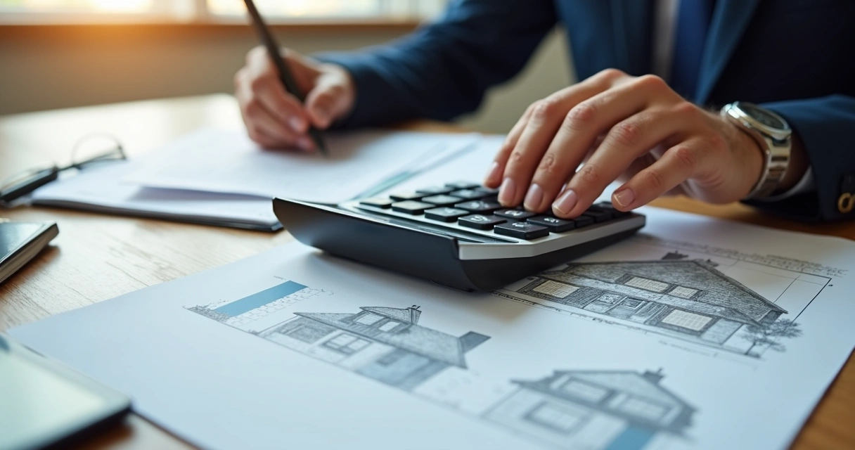 Mão masculina segurando uma calculadora sobre mesa com documentos financeiros e planta de imóvel 