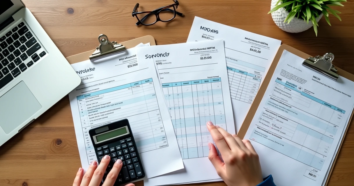 Calculadora ao lado de notas fiscais e papéis de contabilidade