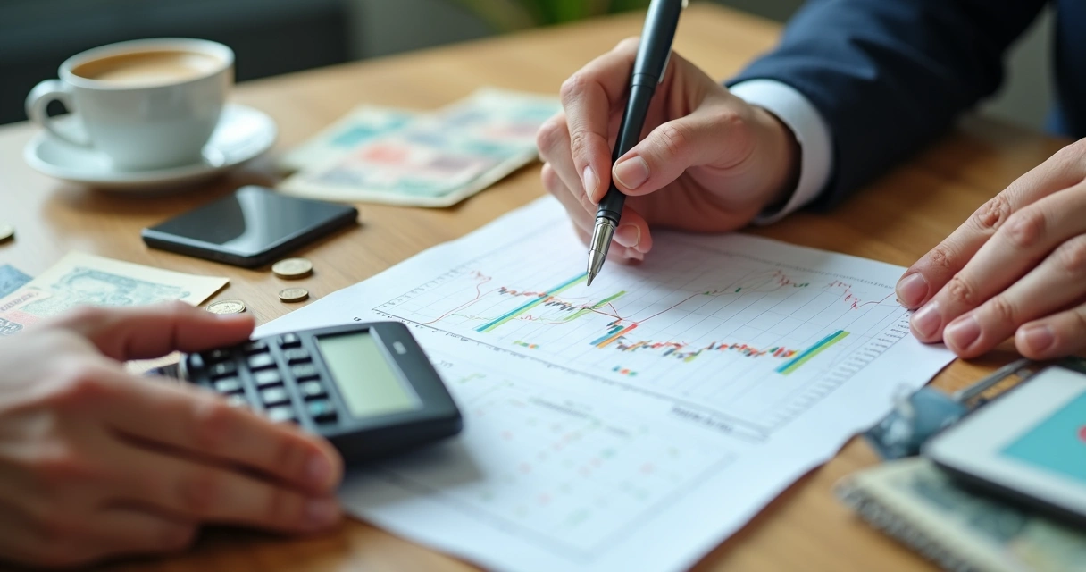 Mãos segurando calculadora e gráfico financeiro. 