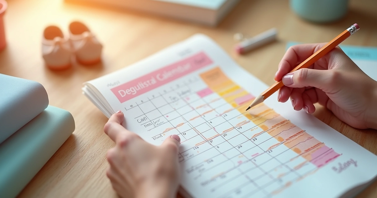 Mãos femininas segurando um calendário gestacional colorido e lápis, com planilha de datas ao fundo 