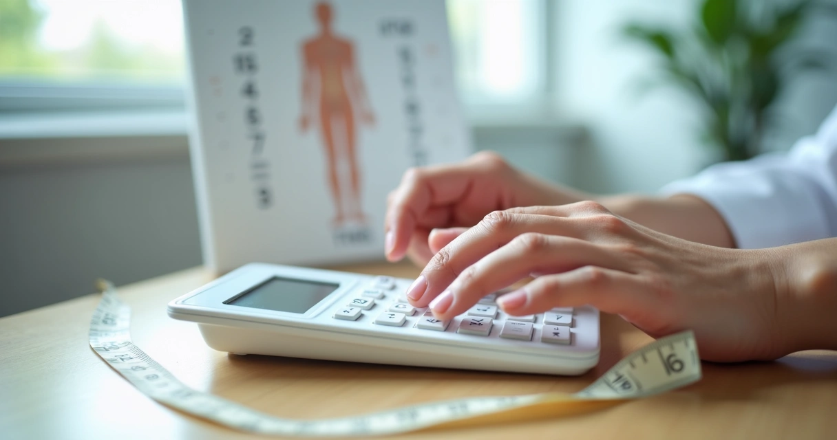 Cálculo do IMC sendo realizado com calculadora, peso e fita métrica 