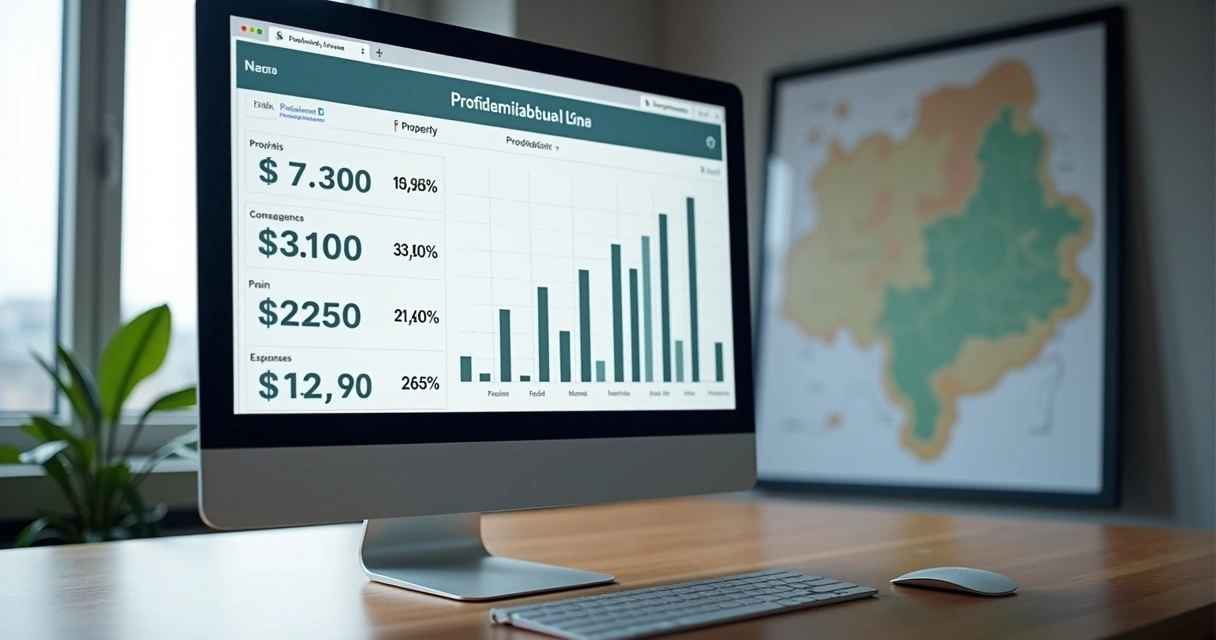 Tela de computador exibindo calculadora de rentabilidade imobiliária, foco em números e gráficos