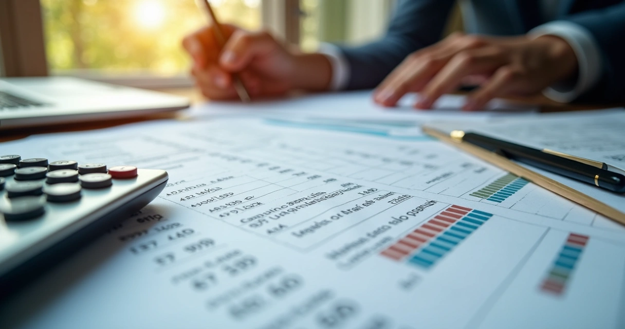 Calculadora e planilhas com notas fiscais e computador ao lado 