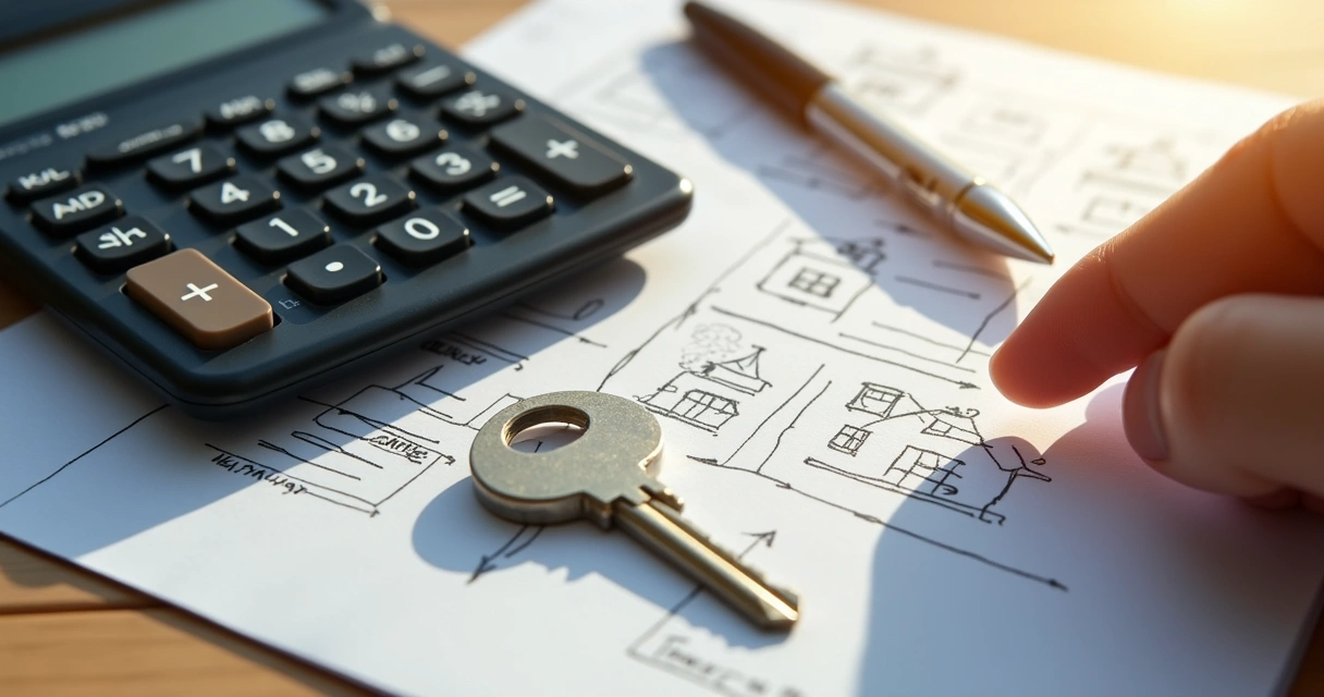Calculadora ao lado de chave de casa, simulação de cálculo de imposto de renda imóvel 