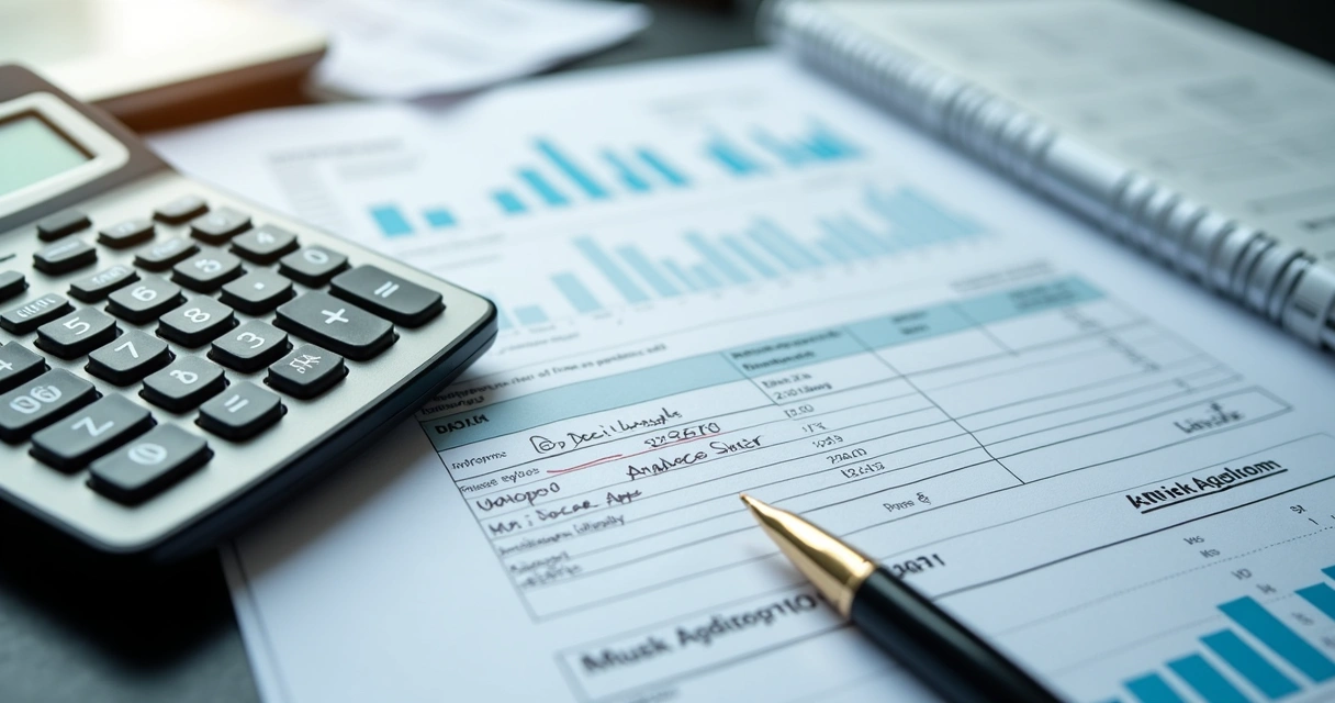 Calculadora, notas fiscais e caneta sobre planilha fiscal 