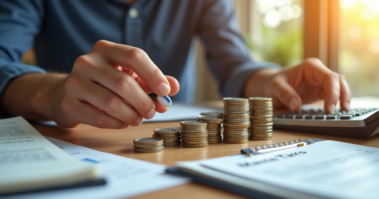 Calculadora e notas fiscais em uma mesa analisando impostos de investimentos. 