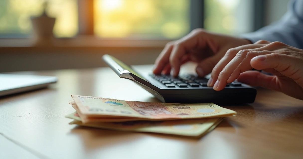 Calculadora e notas fiscais sobre mesa de madeira 