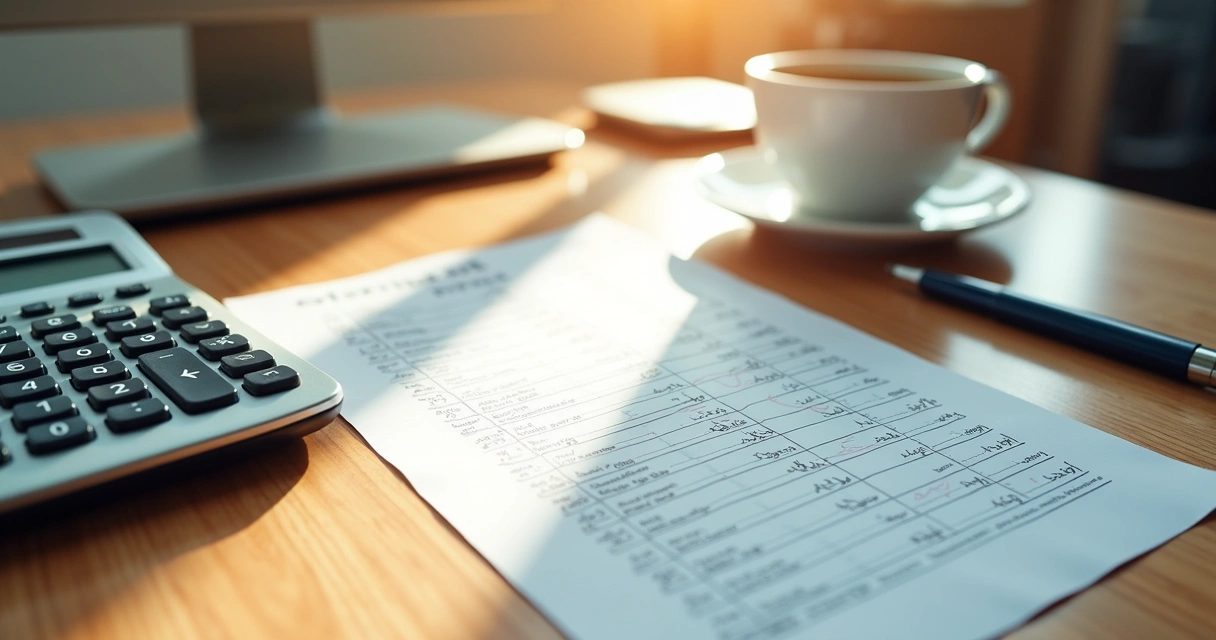 Calculadora e planilha de indicadores de rentabilidade em mesa de escritório 