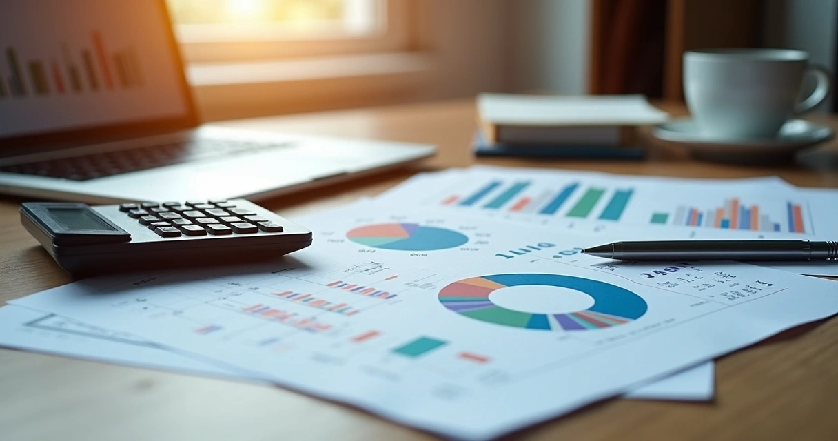 Calculadora, documentos e laptop com gráficos de cálculos financeiros em mesa de escritório 