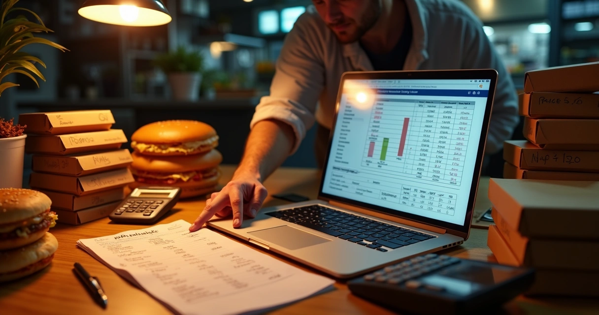 Dono de restaurante de delivery calculando lucro com calculadora e planilha em laptop 