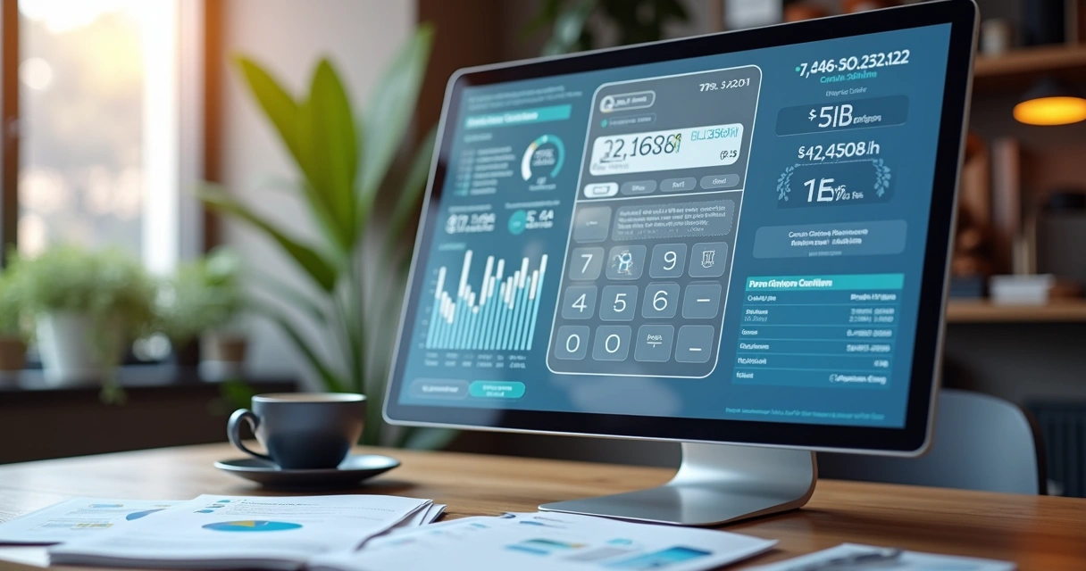 Tela de computador exibindo calculadora digital com gráficos financeiros e cálculos de margem de contribuição para produtos em marketplace