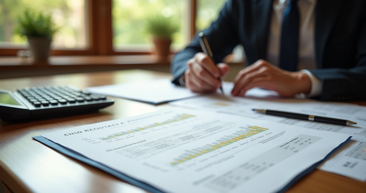 Calculadora e papéis com cálculos de margem e preços de produtos