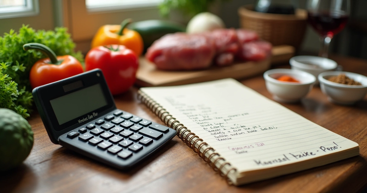 Calculadora digital ao lado de ingredientes frescos em bancada de cozinha 
