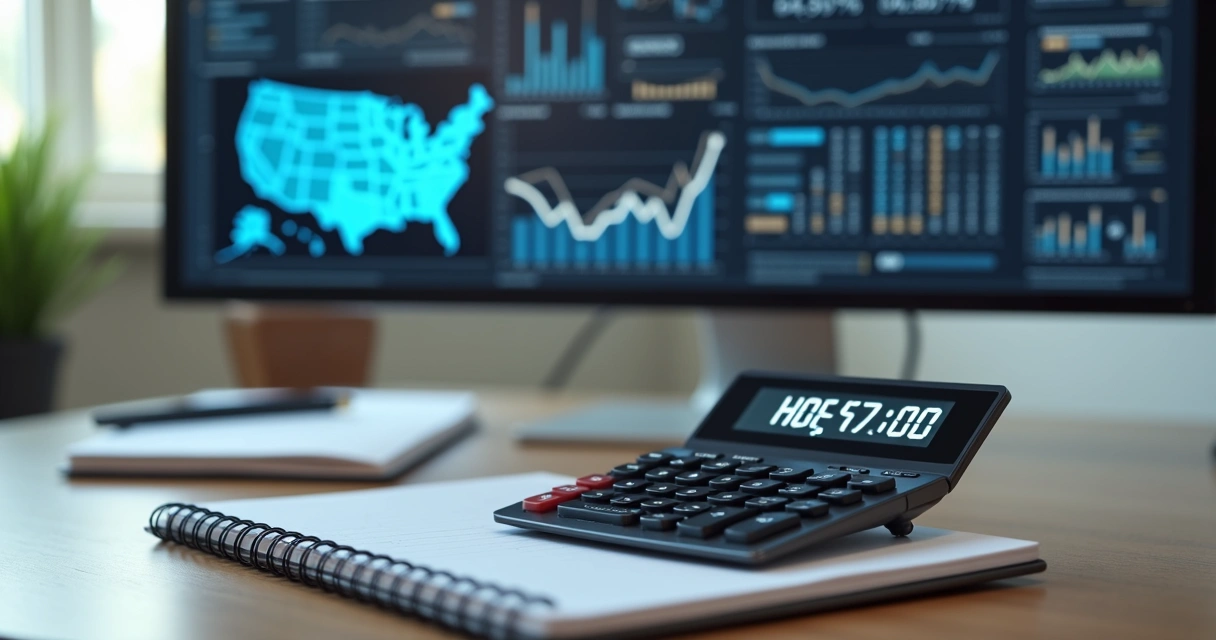 Computador mostrando calculadora digital com gráficos de vendas e preços no marketplace ao fundo