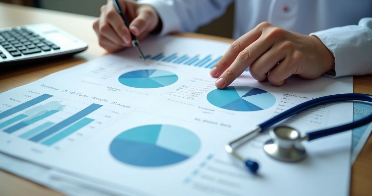 Calculadora e papéis médicos sobre mesa 