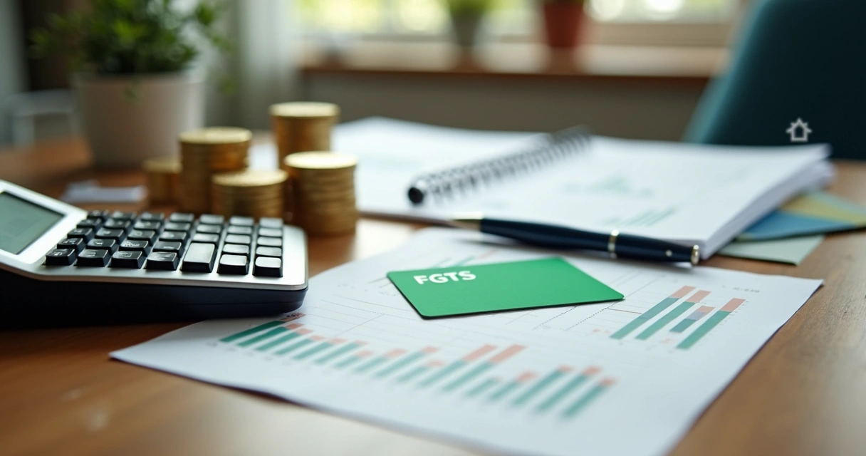 Calculadora, moedas, documentos e cartão FGTS em mesa de escritório 