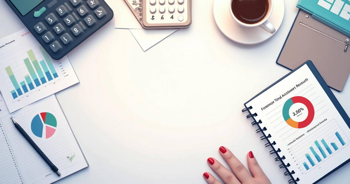 Calculadora e relatórios financeiros em fundo claro 