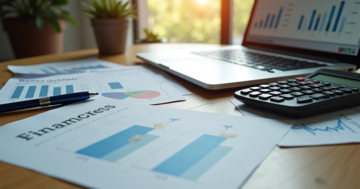 Calculadora ao lado de computador com gráficos e papéis de finanças 