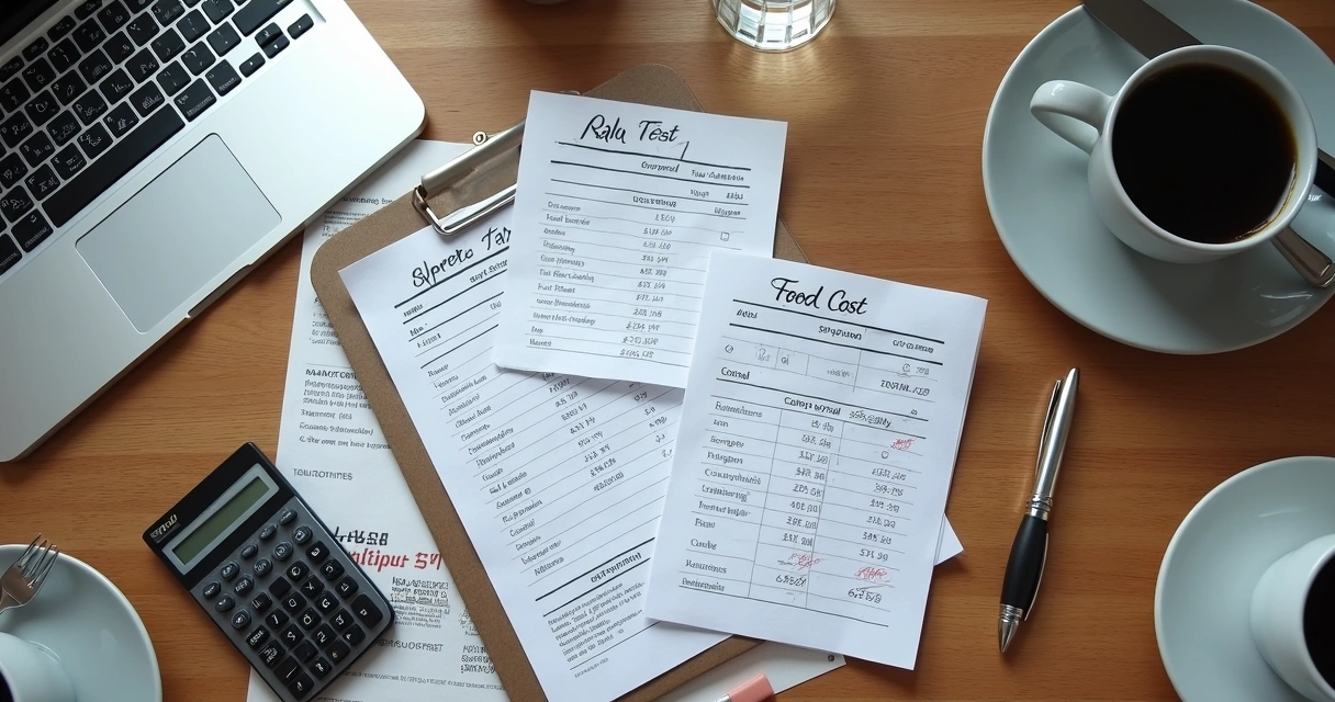 Calculadora, notas fiscais e planilha de custos sobre mesa de restaurante 