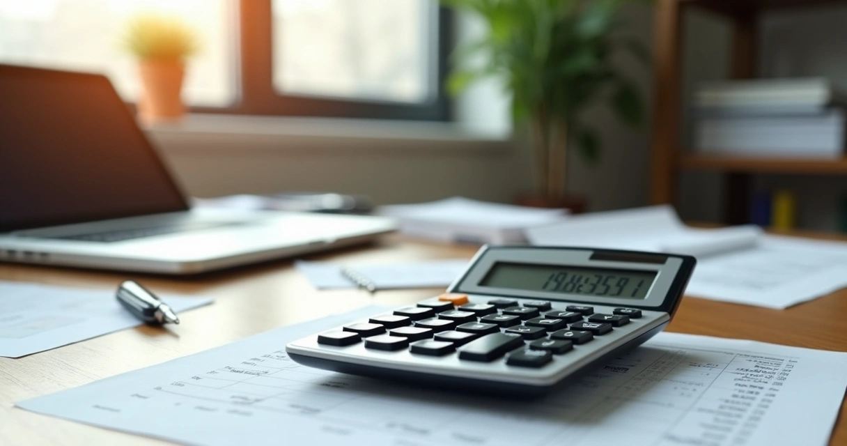 Calculadora ao lado de notas e computador em mesa de escritório 