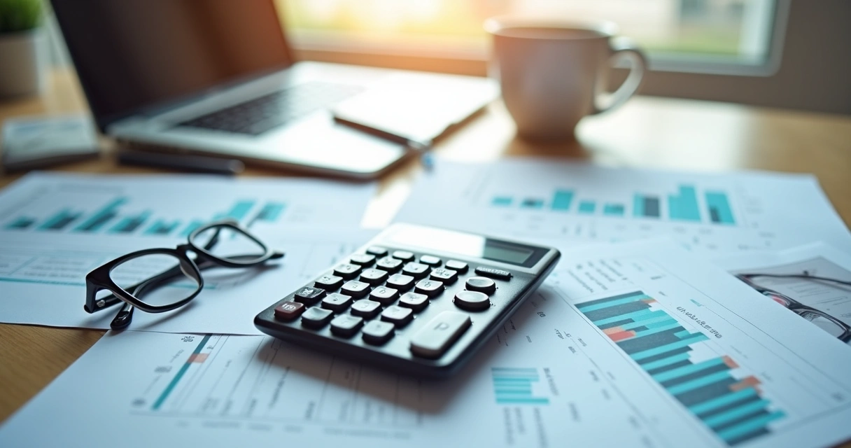 Calculadora e papéis sobre uma mesa, junto com xícara e óculos. 