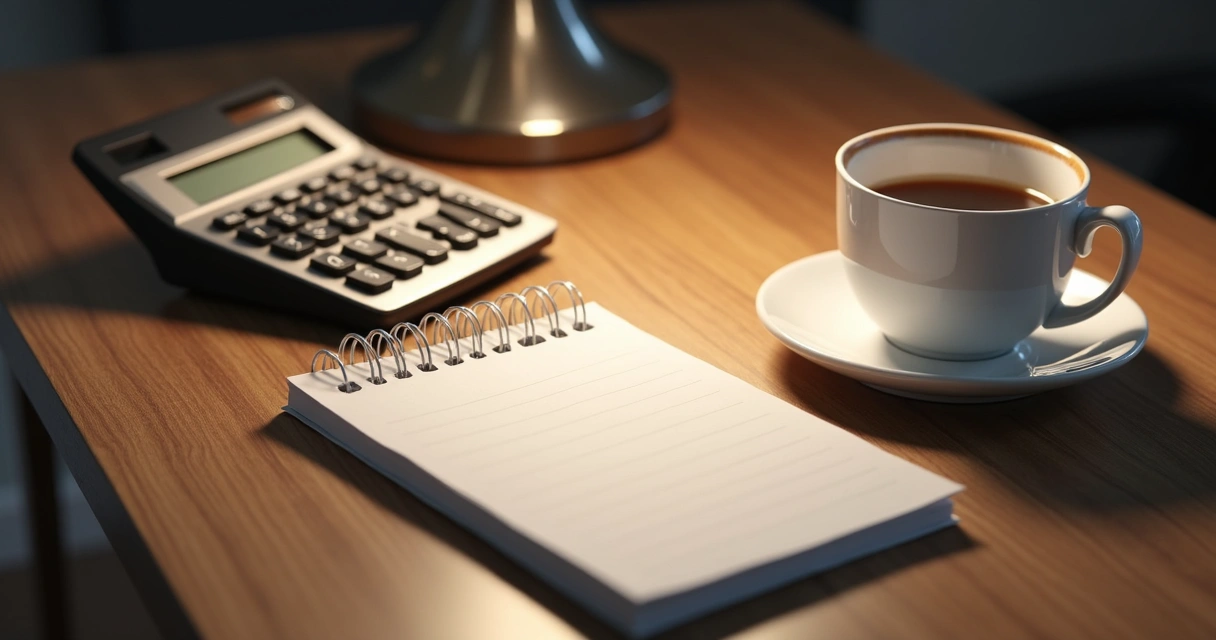 Calculadora ao lado de uma xícara de café e bloco de notas em mesa de madeira