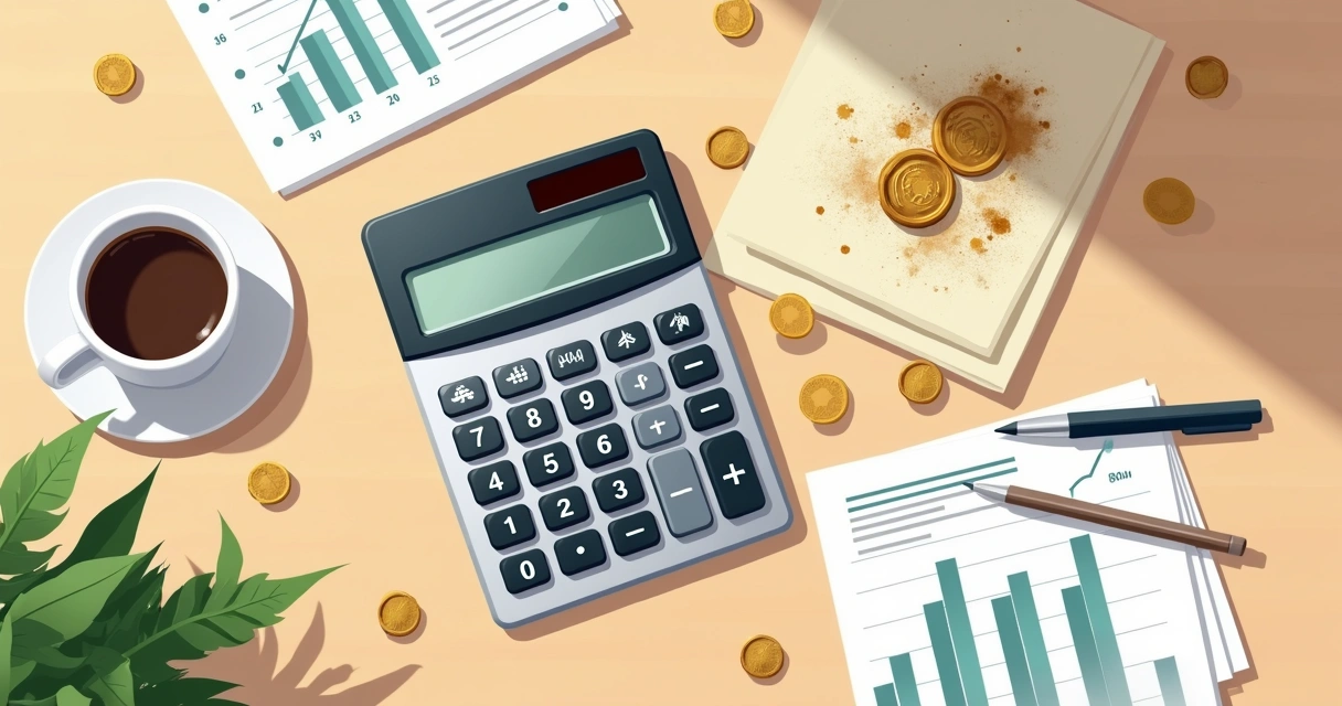 Calculadora financeira, papéis e moedas ao redor 