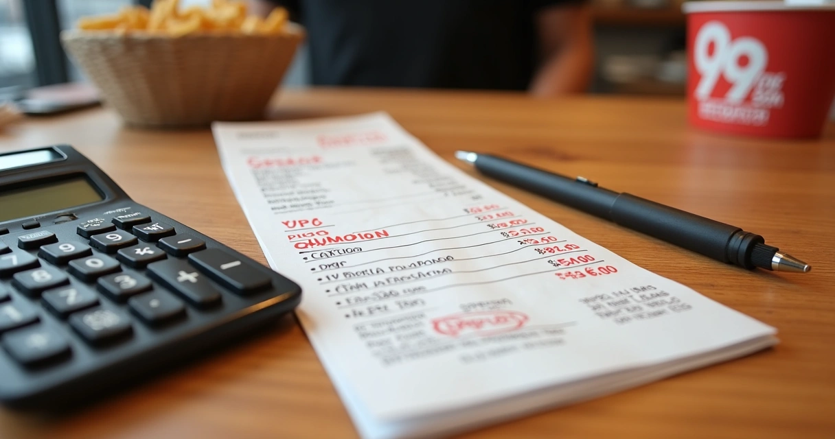Calculadora e recibo de delivery com valores destacados 