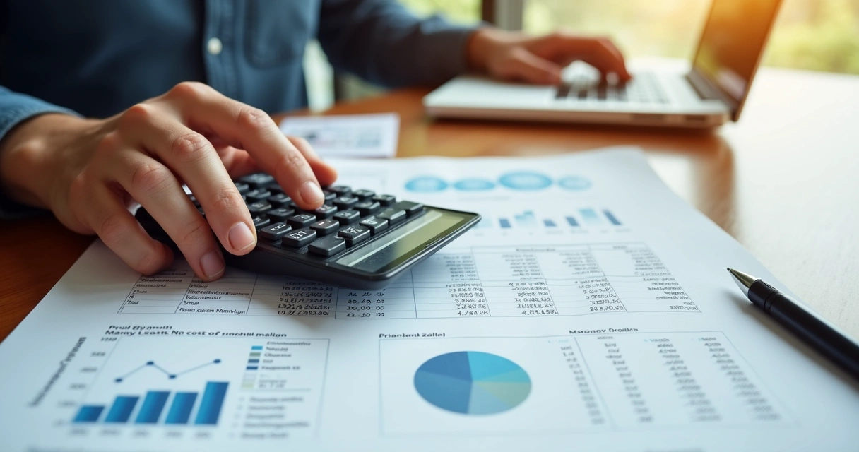 Mão segurando calculadora sobre planilha financeira com gráficos e números de lucro e custos