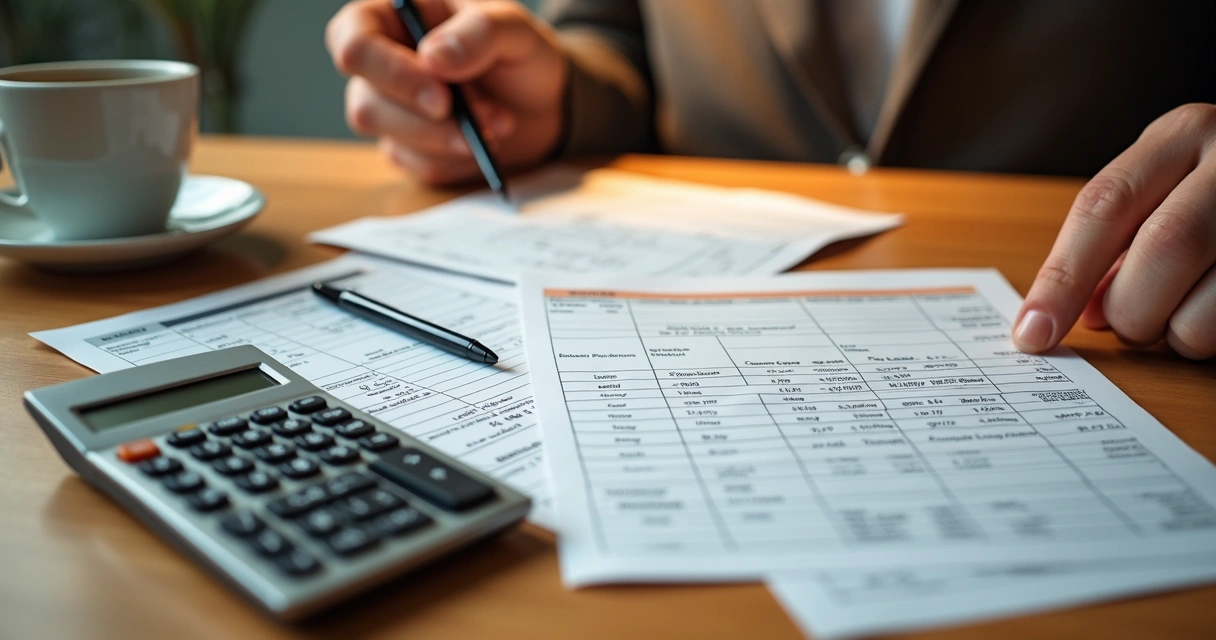 Mesa com calculadora, planilhas de custos e anotações para cálculo de preços em restaurante 