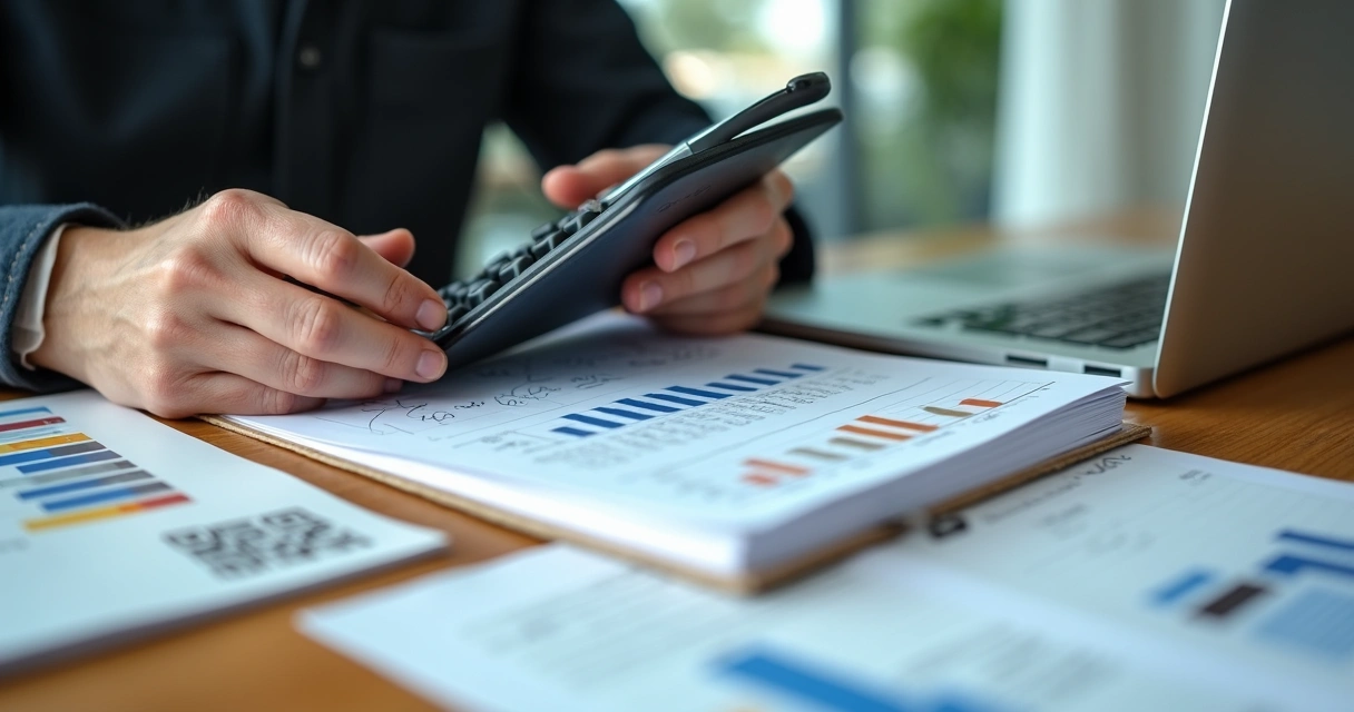 Pessoa usando calculadora e planilha para calcular investimentos 