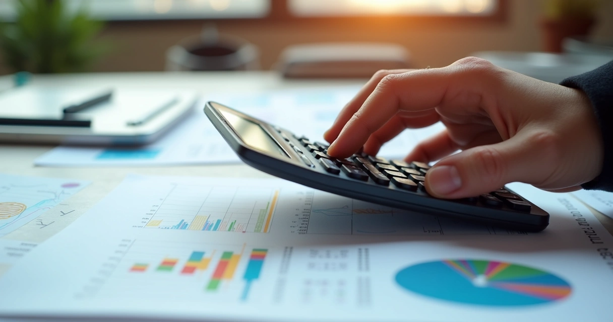 Mão segurando uma calculadora sobre planilha com cálculos financeiros e gráficos coloridos ao fundo 