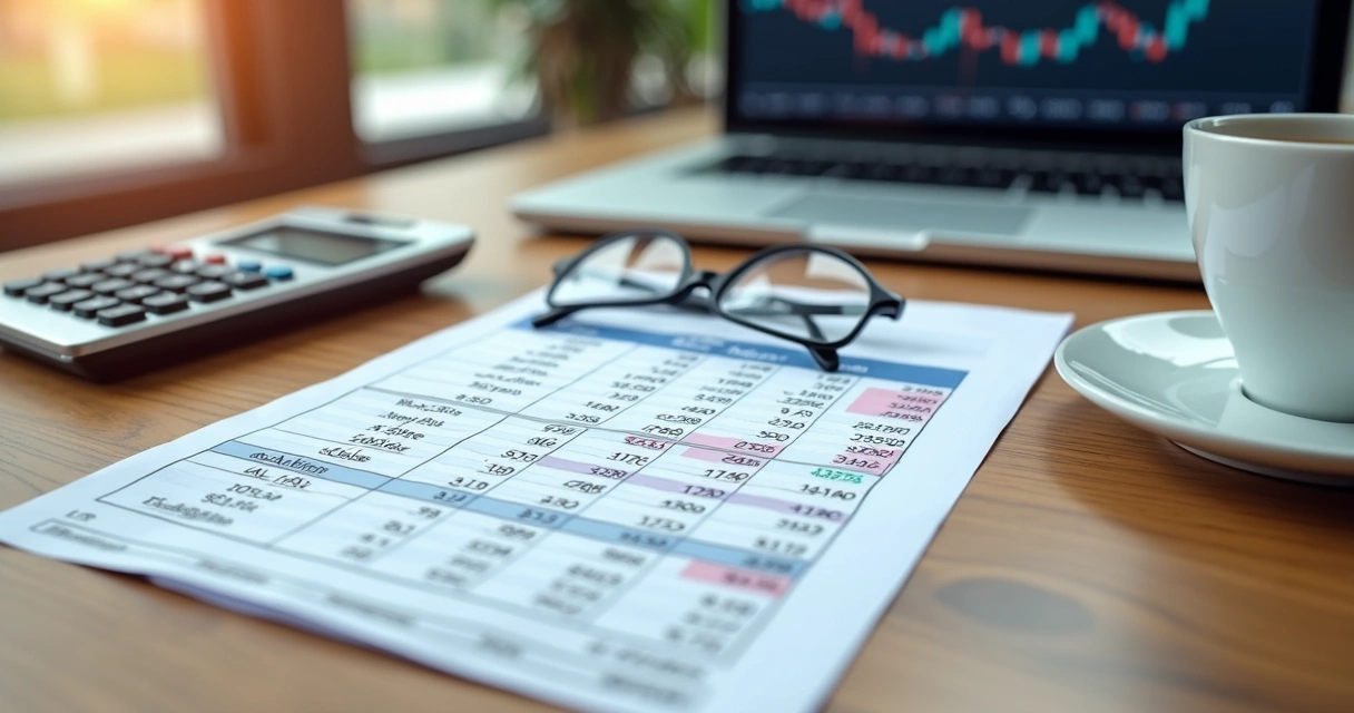 Calculadora ao lado de planilha com cálculos de salário bruto e líquido em mesa de escritório 