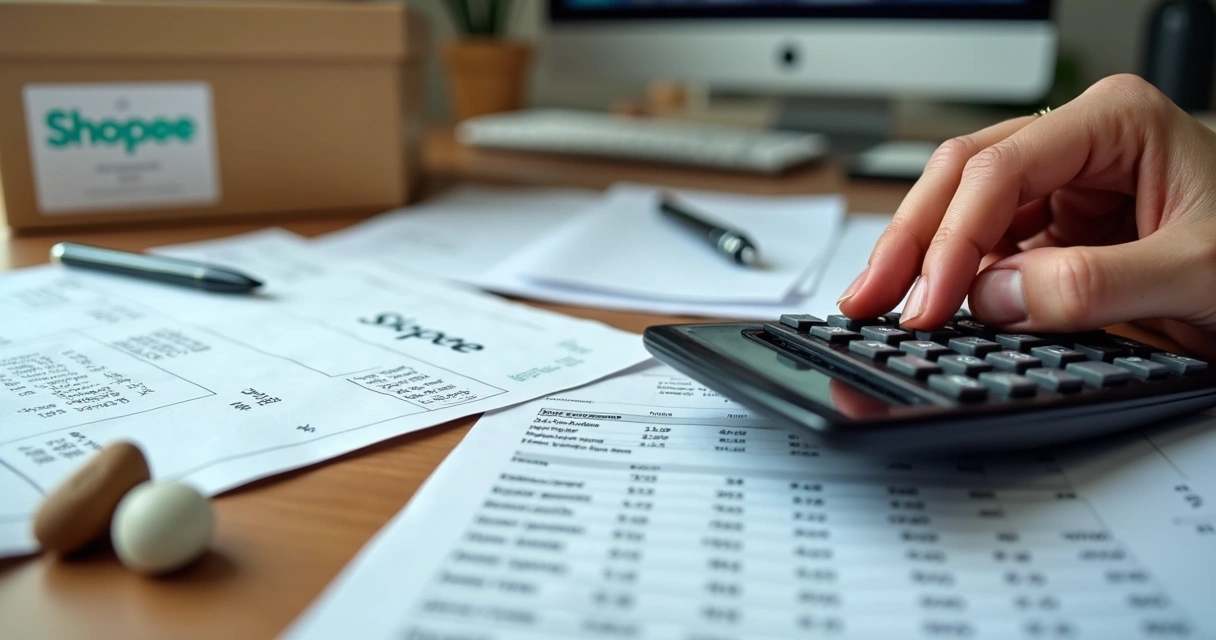 Calculadora ao lado de planilhas de contabilidade e notas fiscais de vendas 