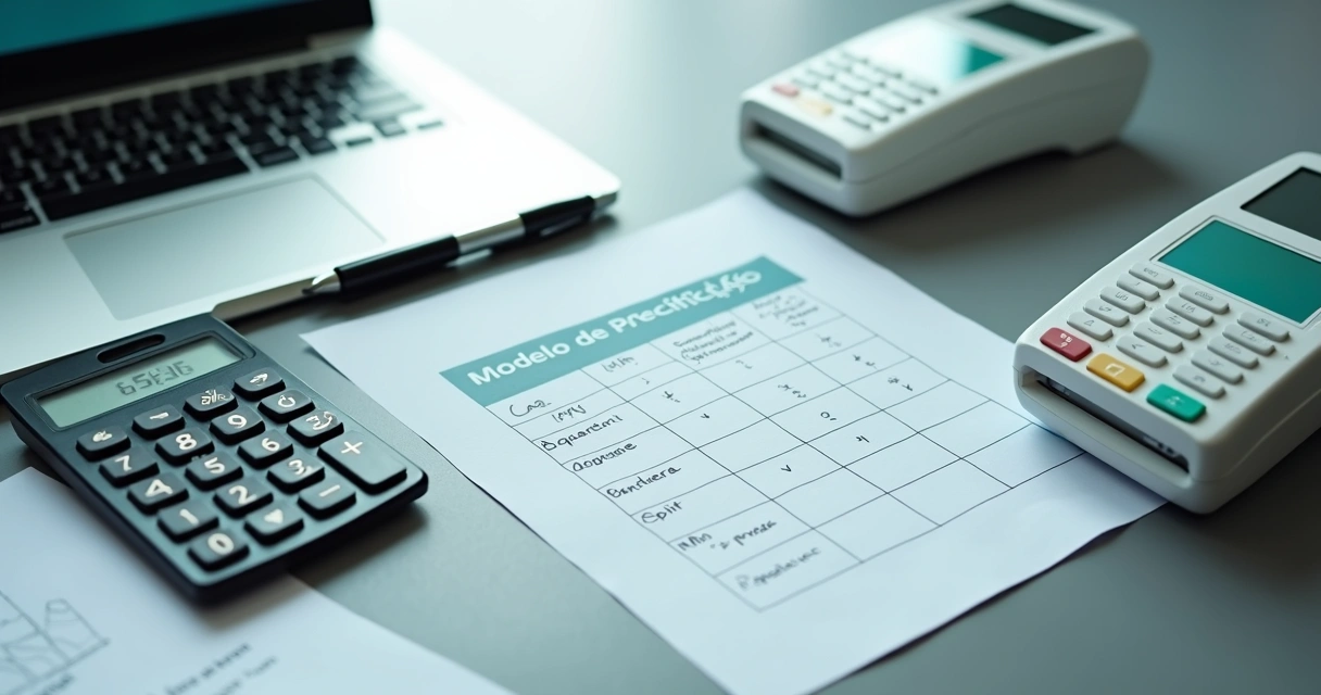 Mesa com calculadora, contrato e maquininhas simbolizando precificação de fintech 