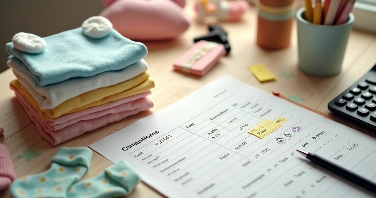 Calculadora e planilha ao lado de roupas infantis coloridas em mesa de madeira 